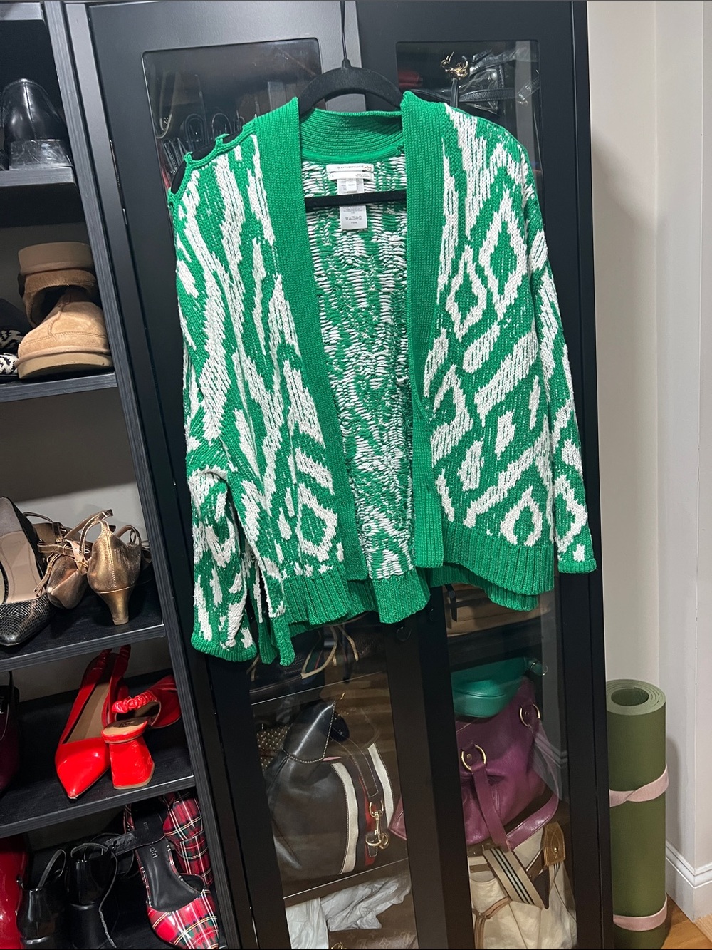 Anthropologie Green and White Open-Front Patterned Cardigan